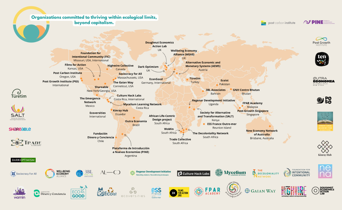 A world map of the 30+ member organizations committed to thriving within ecological limits, beyond capitalism
